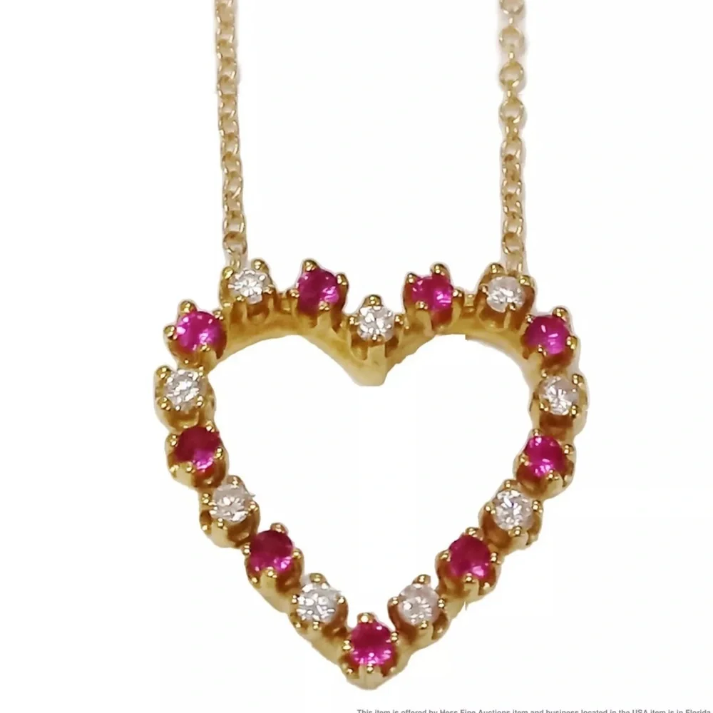🌹SOLD! ❌ 18K Open Heart Red Ruby Diamond Necklace - Picture 2 of 11